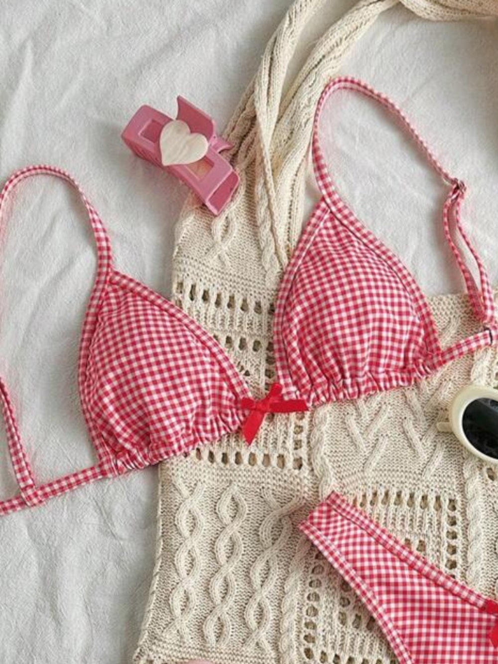 Red Gingham Triangle Bikini Top with Bow